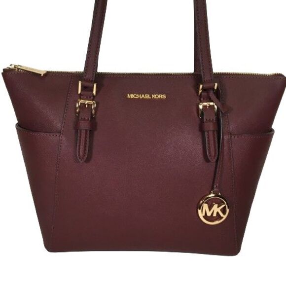 Michael Kors Charlotte Large Top Zip Leather Tote Bag Dark Cherry